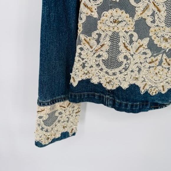 Vintage Berek 2 Takako Sakon Jean Jacket Womens Small Blue Lace Bead Trim Cotton - Picture 4 of 11